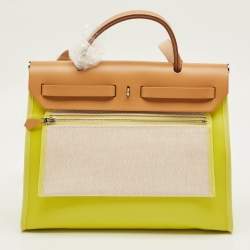 Pre Owned Hermes Lime/Naturel Sable Berline Toile and Vache Hunter Herbag Zip 31 Bag