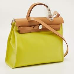 Pre Owned Hermes Lime/Naturel Sable Berline Toile and Vache Hunter Herbag Zip 31 Bag