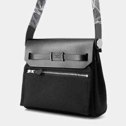 Pre Owned Hermes Herbag Zip  Size Mini Black Military Vache Hunter Leather Toile Bag 