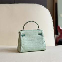 Pre Owned Hermes Kelly Doll Bag Mint Green Matte Crocodile Palladium Hardware