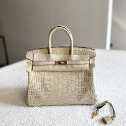 Pre Owned حقيبة هيرمس بيركين 25 رمادية غير لامعة جلد تمساح إكسسوار ذهبي