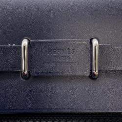 Pre Owned Hermes Herbag Zip Blue Indigo/Black Toile Military Vache Hunter Leather Size Mini