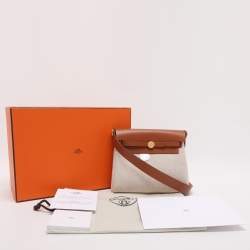 مملوكة مسبقًا حقيبة هيرمس هيرباغ 20 كانفاس وجلد بني/بيج معدن مطلي ذهب