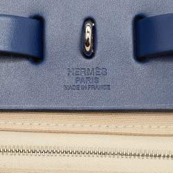 Pre Owned Hermes Herbag Zip 31 Beige/Bleu Saphir Toile and Vache Hunter Top Handle Bag
