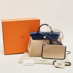 Pre Owned Hermes Herbag Zip 31 Beige/Bleu Saphir Toile and Vache Hunter Top Handle Bag