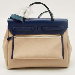Pre Owned Hermes Herbag Zip 31 Beige/Bleu Saphir Toile and Vache Hunter Top Handle Bag
