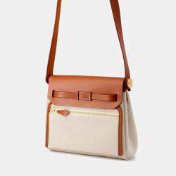 Pre Owned Hermes Herbag Zip Ecru/Fauve Toile H Vache Hunter Leather Size Mini