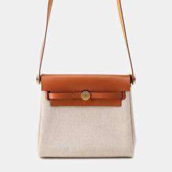 Pre Owned Hermes Herbag Zip Ecru/Fauve Toile H Vache Hunter Leather Size Mini