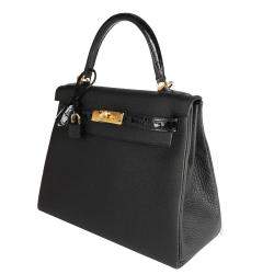 Hermes Black Togo Leather Niloticus Crocodile Kelly Retourne 28 Bag