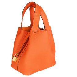 Pre Owned Hermes Feu/Orange Clemence Leather Picotin Lock 18 Bag