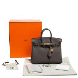 Hermes Gris Etain Togo Leather Gold Plated Birkin 25 Bag 