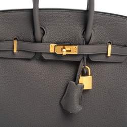 Hermes Gris Etain Togo Leather Gold Plated Birkin 25 Bag 