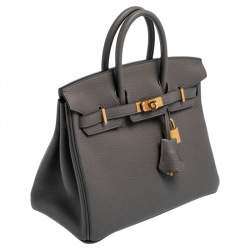 Hermes Gris Etain Togo Leather Gold Plated Birkin 25 Bag 
