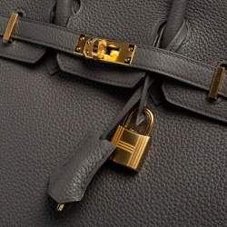 Hermes Gris Etain Togo Leather Gold Plated Birkin 25 Bag 