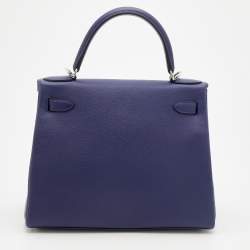 Pre Owned Hermès Bleu Encre/Bleu Zellige Evercolor Leather Palladium Plated Kelly 28 Retourne Bag