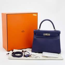 Pre Owned Hermès Bleu Encre/Bleu Zellige Evercolor Leather Palladium Plated Kelly 28 Retourne Bag