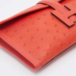 Pre Owned Hermes Orange Poppy Ostrich Elan Jige Clutch