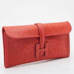 Pre Owned Hermes Orange Poppy Ostrich Elan Jige Clutch