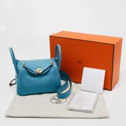 Pre Owned Hermes Bleu Du Nord Swift Leather Gold Finish Lindy 20 Bag