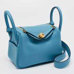 Pre Owned Hermes Bleu Du Nord Swift Leather Gold Finish Lindy 20 Bag