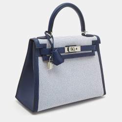 Hermes Bleu Saphir/Ecru/Mauve Sylvestre Toile Quadrille and Swift Leather Kelly Sellier 28 Bag