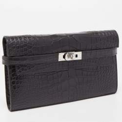 Hermes Black Matte Alligator Palladium Finish Kelly Classic Wallet