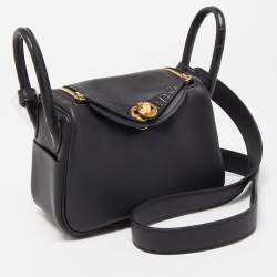 Pre Owned Hermes Black Swift Leather and Matt Alligator Gold Finish Lindy 20 Bag