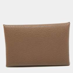 Pre Owned Hermès Etoupe Chevre Mysore Leather Calvi Card Holder