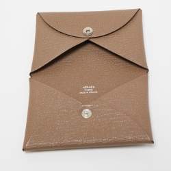 Pre Owned Hermès Etoupe Chevre Mysore Leather Calvi Card Holder