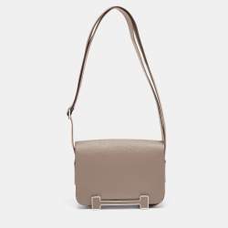 Pre Owned Hermès Etoupe Chèvre Mysore Leather Palladium Finish Geta Sangle Bag
