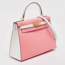 Hermes Rose Confetti/Mykonos/Blanc Epsom Leather Brushed Gold Finish Kelly Sellier 28 Bag