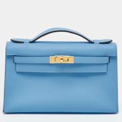 Hermes Bleu Du Nord Swift Leather Gold Finish Kelly Pochette