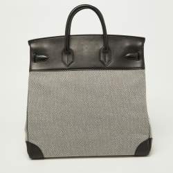Pre Owned Hermes Black/Ecru Toile Quadrille and Evergrain Leather Palladium Finish HAC Birkin 40 Bag