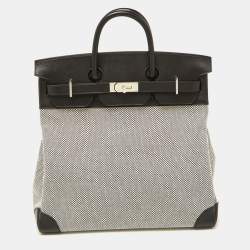 Pre Owned Hermes Black/Ecru Toile Quadrille and Evergrain Leather Palladium Finish HAC Birkin 40 Bag