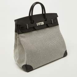 Pre Owned Hermes Black/Ecru Toile Quadrille and Evergrain Leather Palladium Finish HAC Birkin 40 Bag