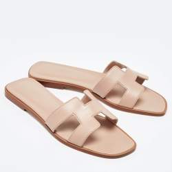 Pre Owned Hermès Beige Leather Oran Flat Slides Size 38.5