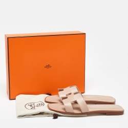 Pre Owned Hermès Beige Leather Oran Flat Slides Size 38.5