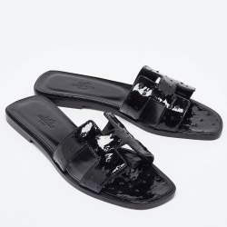 Hermès Black Patent Ostrich Oran Flat Slides Size 38