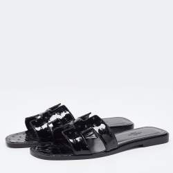Hermès Black Patent Ostrich Oran Flat Slides Size 38