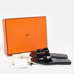 Hermès Black Patent Ostrich Oran Flat Slides Size 38