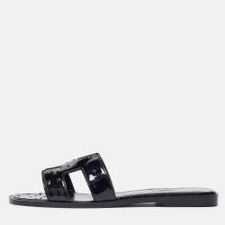 Hermès Black Patent Ostrich Oran Flat Slides Size 38