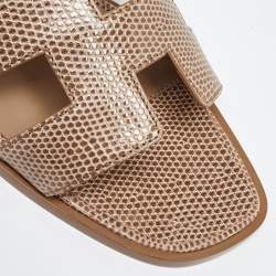 Hermès Beige Shiny Lizard Oran Flat Slides Size 38