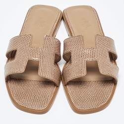 Hermès Beige Shiny Lizard Oran Flat Slides Size 38