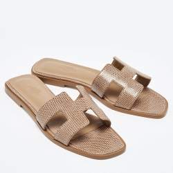 Hermès Beige Shiny Lizard Oran Flat Slides Size 38