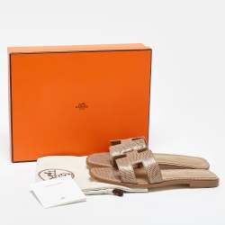 Hermès Beige Shiny Lizard Oran Flat Slides Size 38