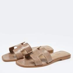 Hermès Beige Shiny Lizard Oran Flat Slides Size 38