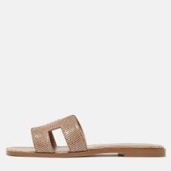 Hermès Beige Shiny Lizard Oran Flat Slides Size 38