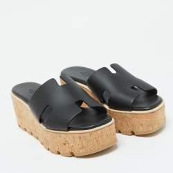 Pre Owned Hermes Black Leather Eze 30 Sandals Size 39