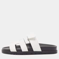 Pre Owned Hermes White Leather Chypre Sandals Size 35.5