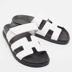 Pre Owned Hermes White Leather Chypre Sandals Size 35.5